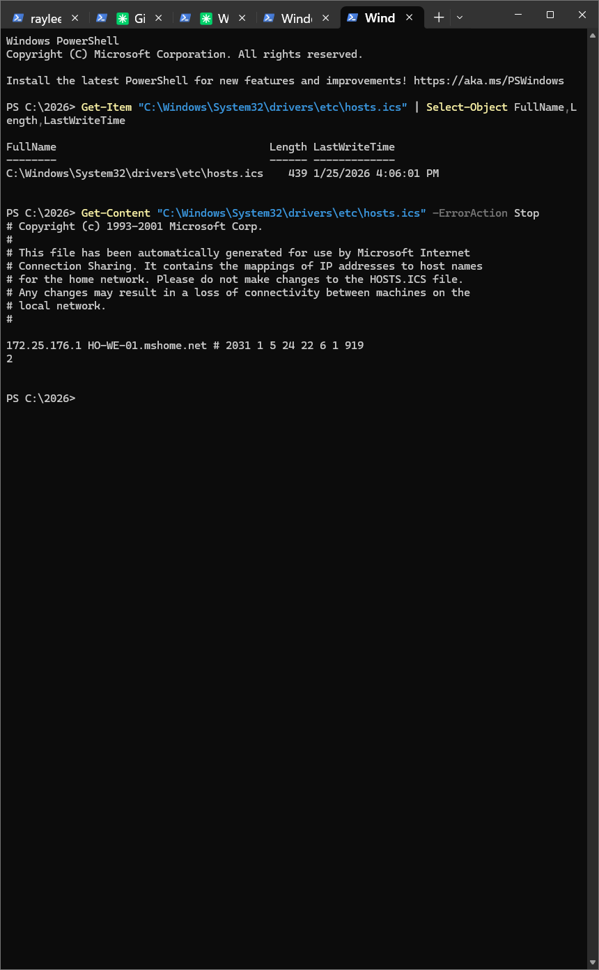 PowerShell terminal on primary endpoint showing Get-Item and Get-Content output for hosts.ics, confirming Microsoft copyright and benign ICS auto-generated content