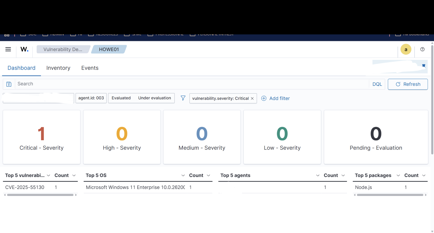 Wazuh vulnerability dashboard showing CVE-2025-55130 detected on monitored Windows endpoint, redacted for internal identifiers