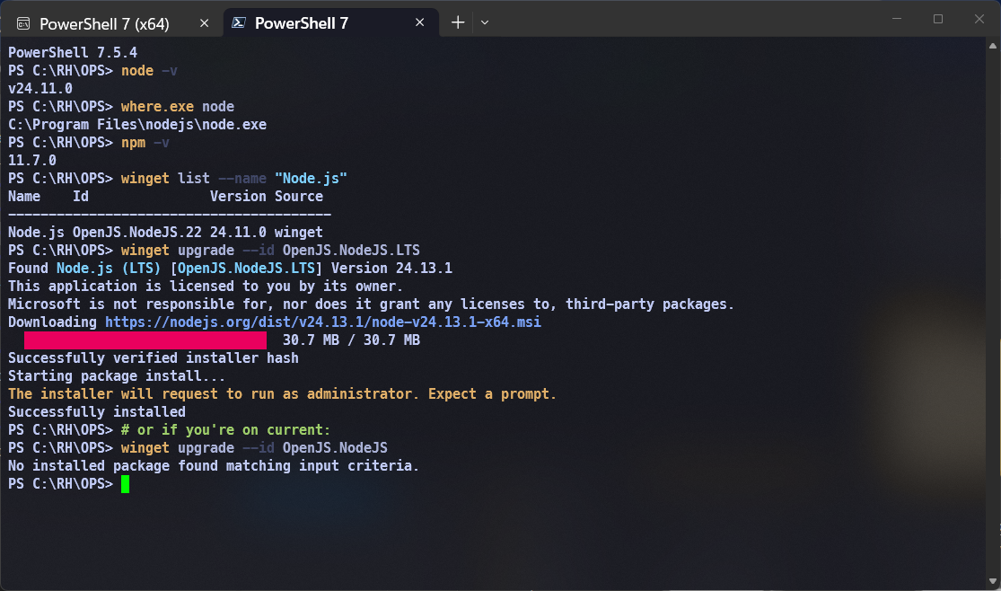 PowerShell terminal showing winget upgrade command execution and node -v version confirmation after CVE-2025-55130 patch